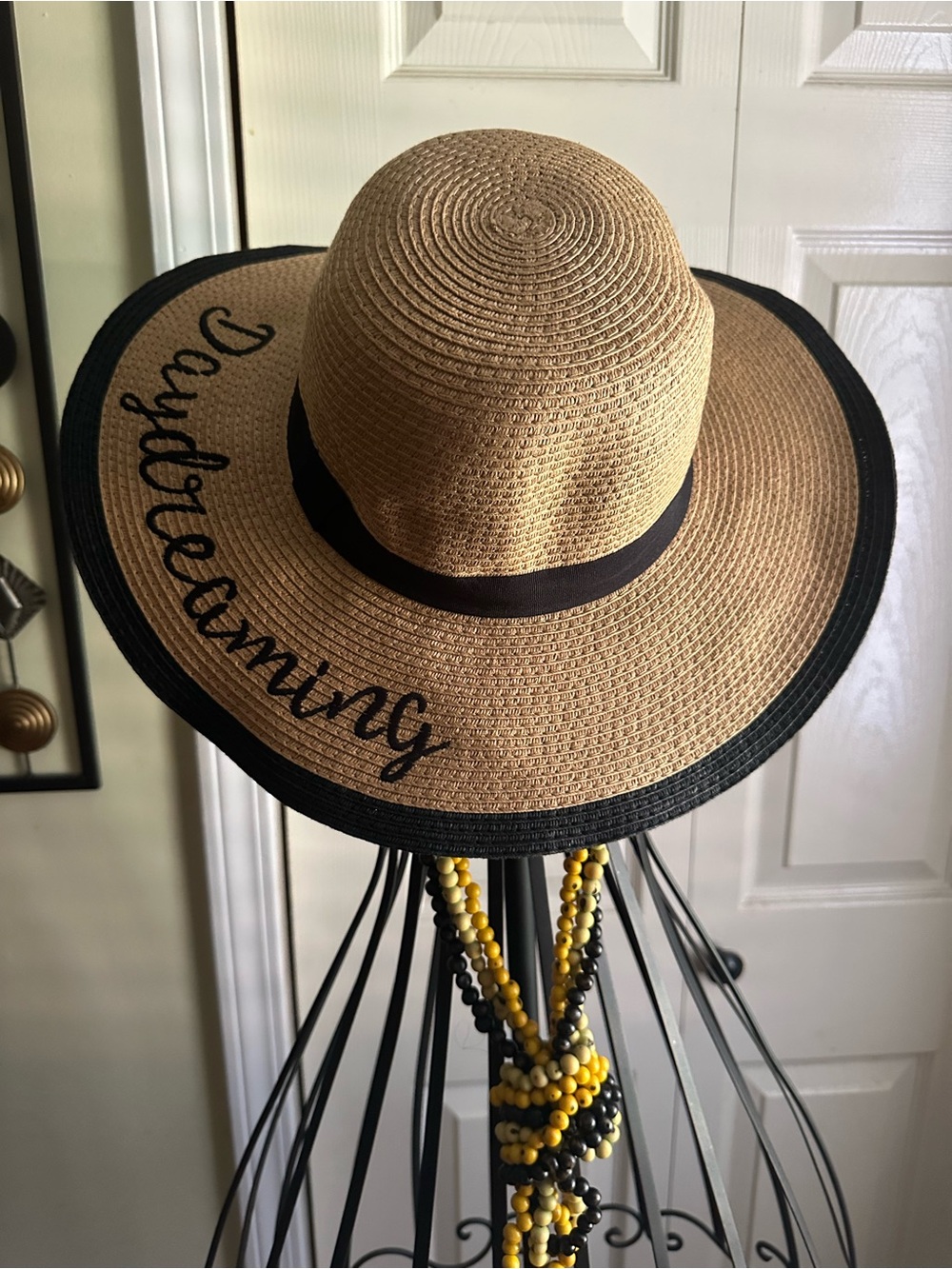 Daydreaming Embroidered Floppy Straw Sun Hat - One Size